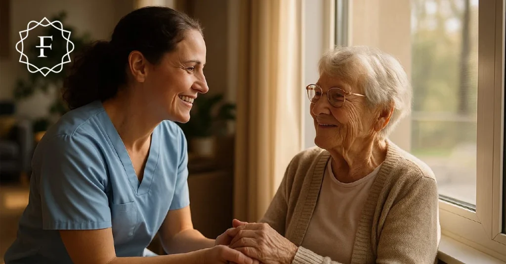 Caregiver in blue scrubs sitting with an elderly woman by a window, smiling and holding her hands
