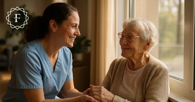 Caregiver in blue scrubs sitting with an elderly woman by a window, smiling and holding her hands